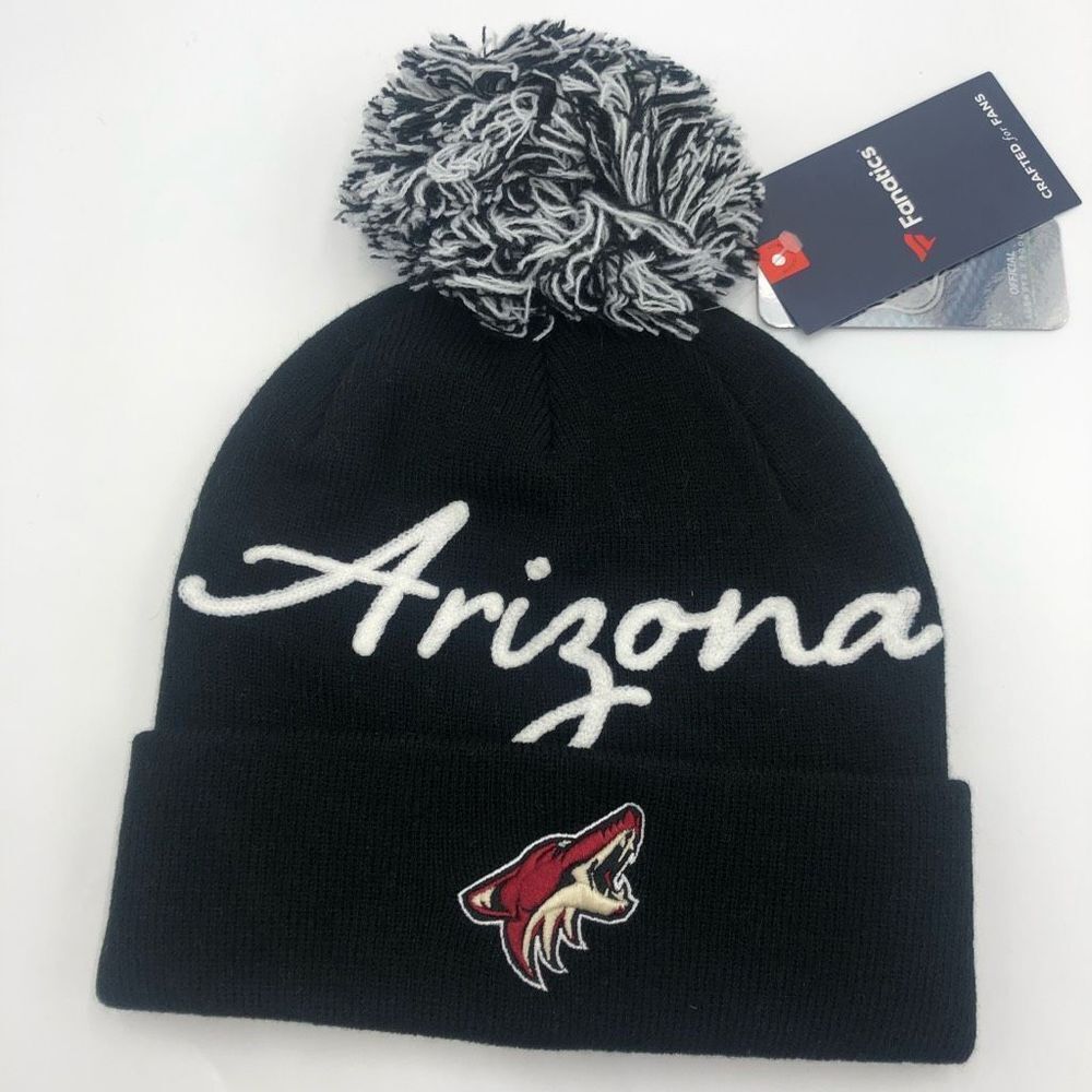 Fanatics Arizona Coyotes NHL Beanie‎ Hat Black Cuffed Pom Knit Script Logo NEW
